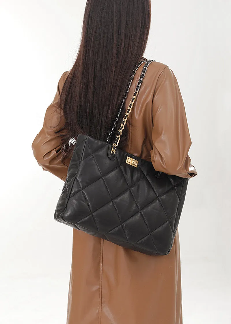 Quilted Chain Strap Leather Tote Bag
