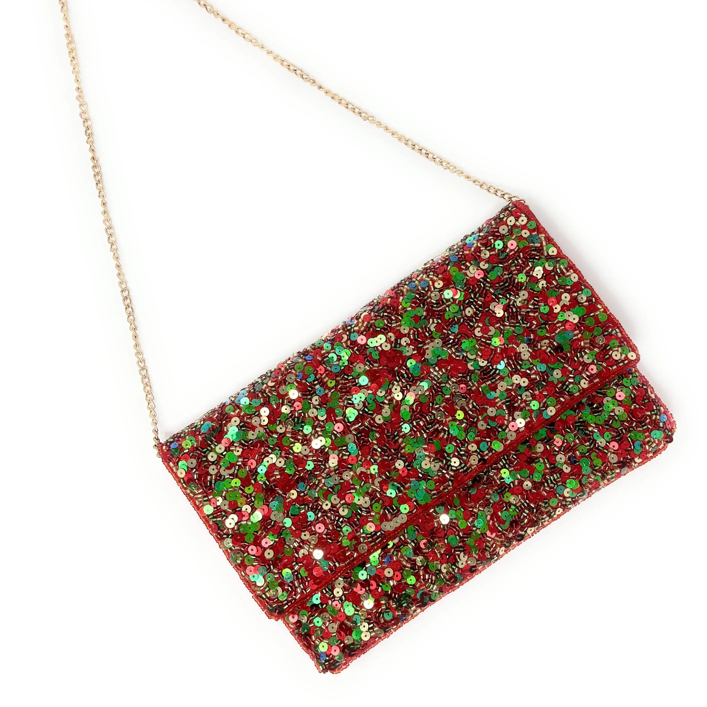 Sequin Red Green Beaded Clutch Purse