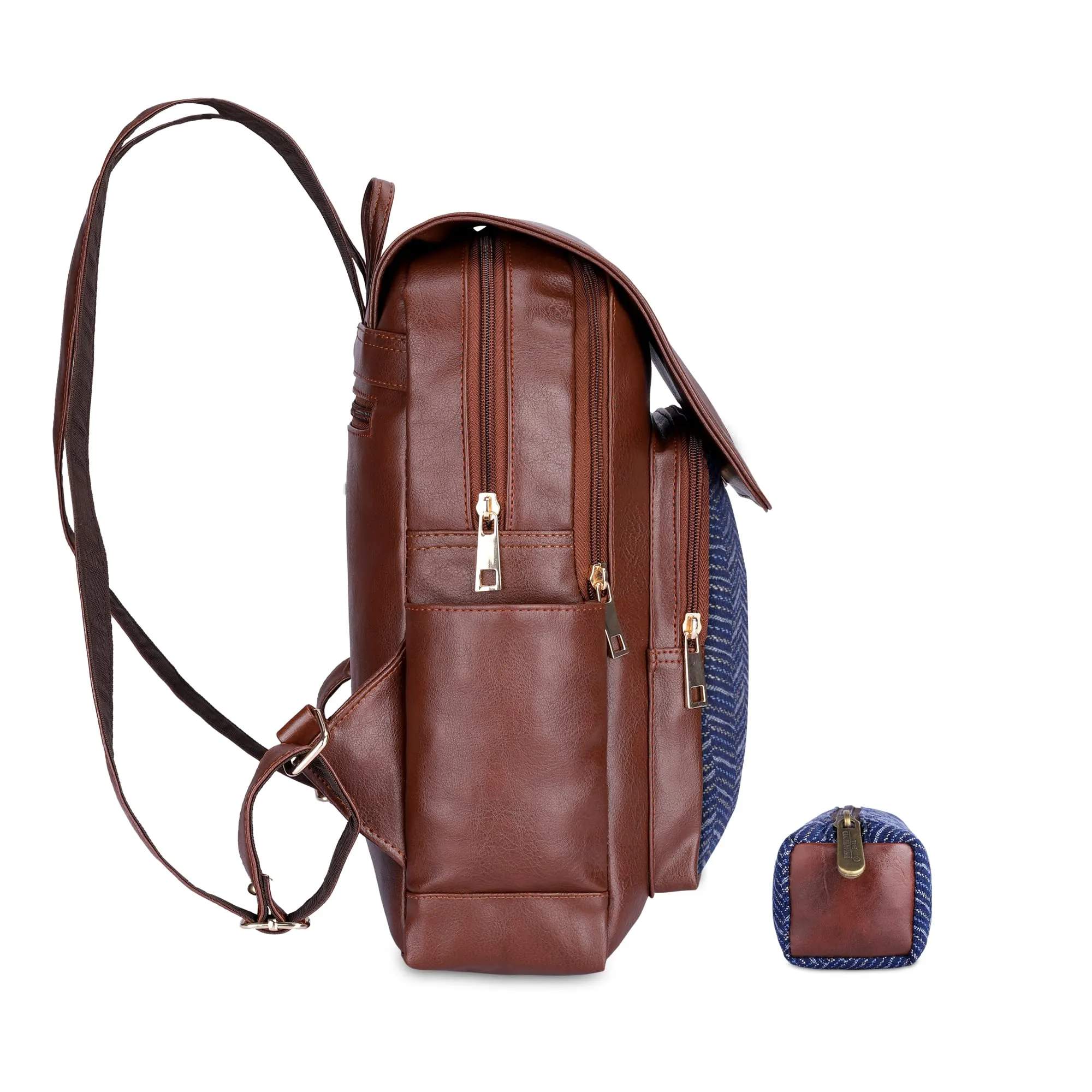 THE CLOWNFISH 10 Litres Medium Size Combo Of Minerva Faux Leather & Tapestry Women's Backpack College Girls Bag Casual Travel Backpack For Ladies & Expert Series Pencil Pouch Pen Case (Blue-Stripes)