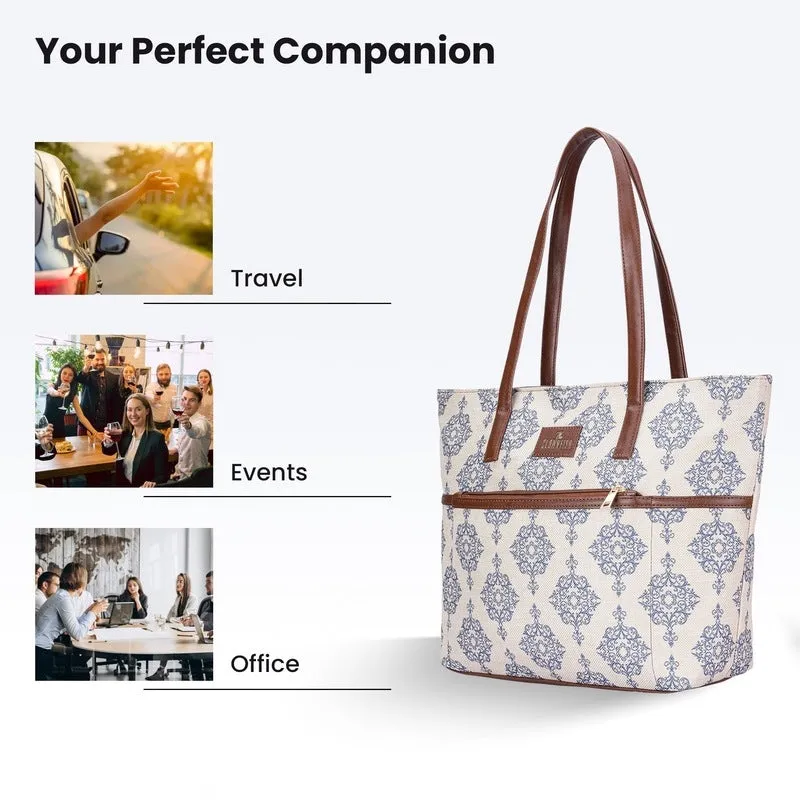 THE CLOWNFISH Concetta Printed Handicraft Fabric & Faux Leather Handbag for Women Office Bag Ladies Shoulder Bag Tote For Women College Girls (Off White)