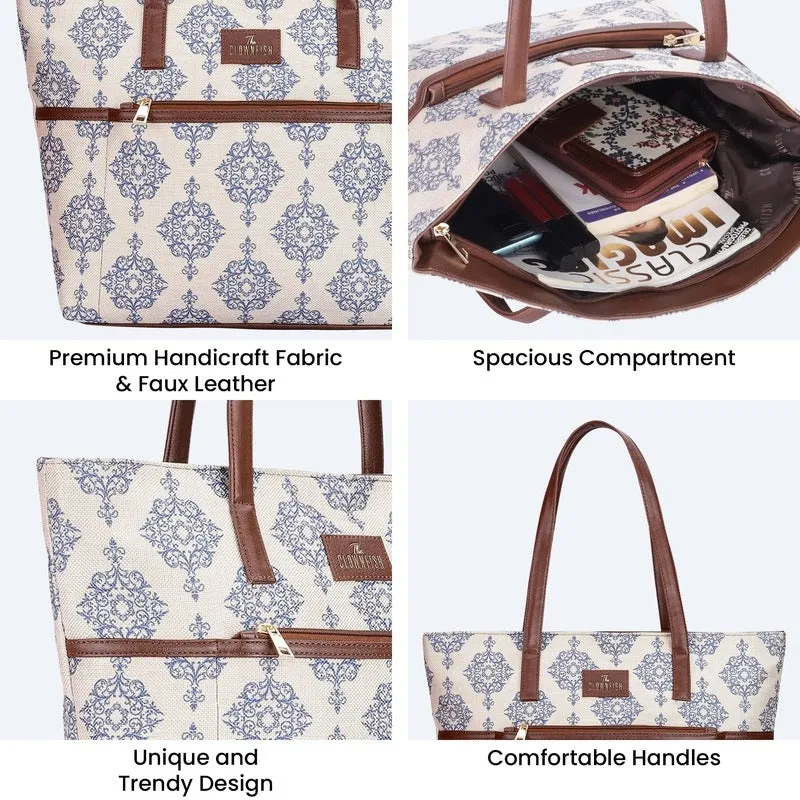 THE CLOWNFISH Concetta Printed Handicraft Fabric & Faux Leather Handbag for Women Office Bag Ladies Shoulder Bag Tote For Women College Girls (Off White)