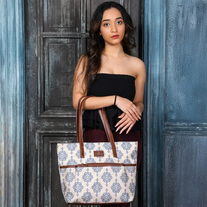 THE CLOWNFISH Concetta Printed Handicraft Fabric & Faux Leather Handbag for Women Office Bag Ladies Shoulder Bag Tote For Women College Girls (Off White)