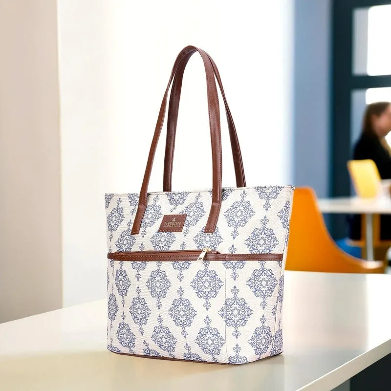 THE CLOWNFISH Concetta Printed Handicraft Fabric & Faux Leather Handbag for Women Office Bag Ladies Shoulder Bag Tote For Women College Girls (Off White)