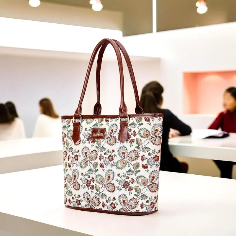 The Clownfish Justina Tapestry Fabric & Faux Leather Handbag for Women Office Bag Ladies Shoulder Bag Tote For Women College Girls (Dark Brown-Floral)