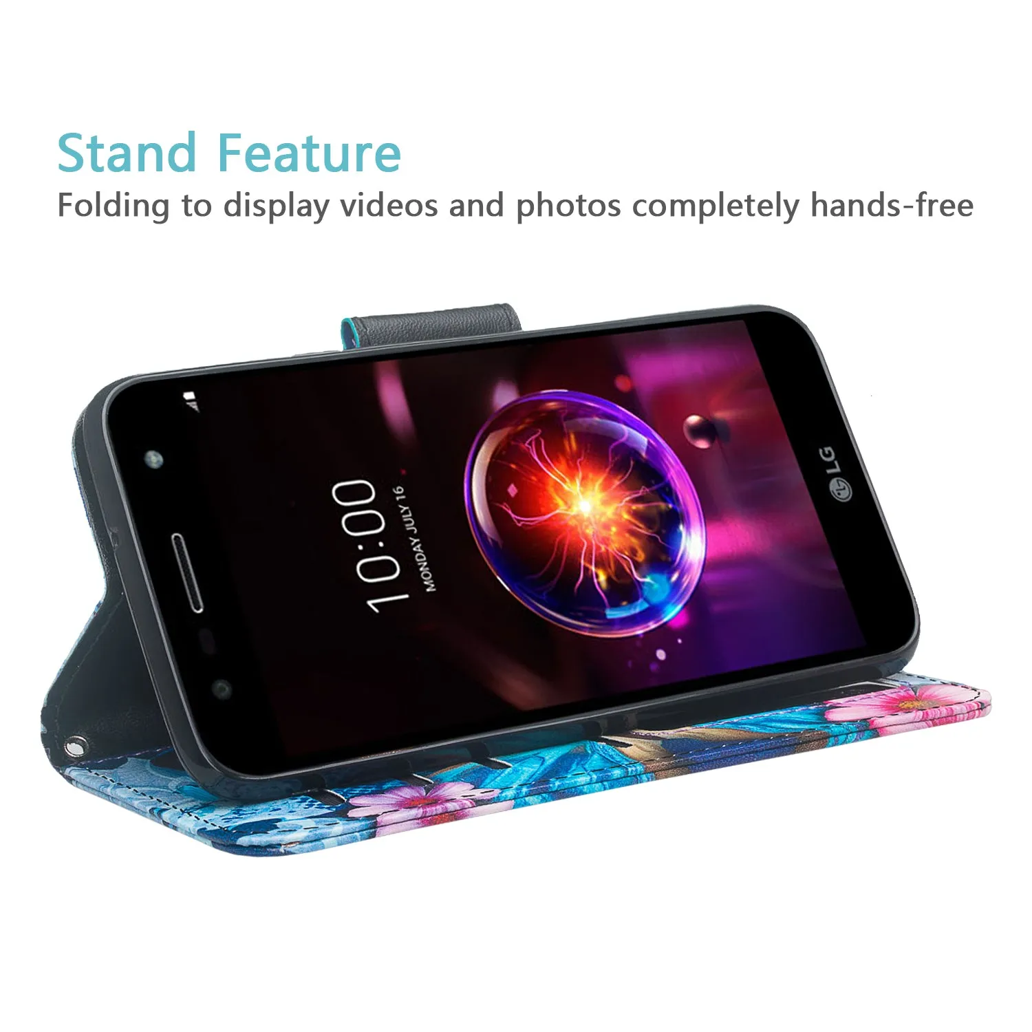 X Power 3 Case, LG X Power 3, Wrist Strap Leather Wallet Case [Kickstand] with Credit Card Slots - Blue Butterfly